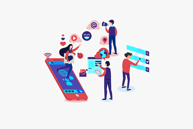 illustration of a phone, emojis, and people doing marketing tasks