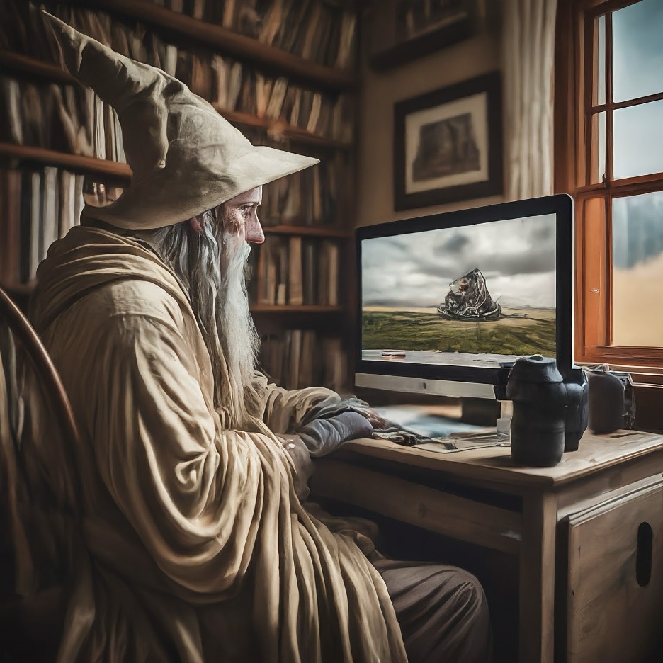 Wizard at computer
