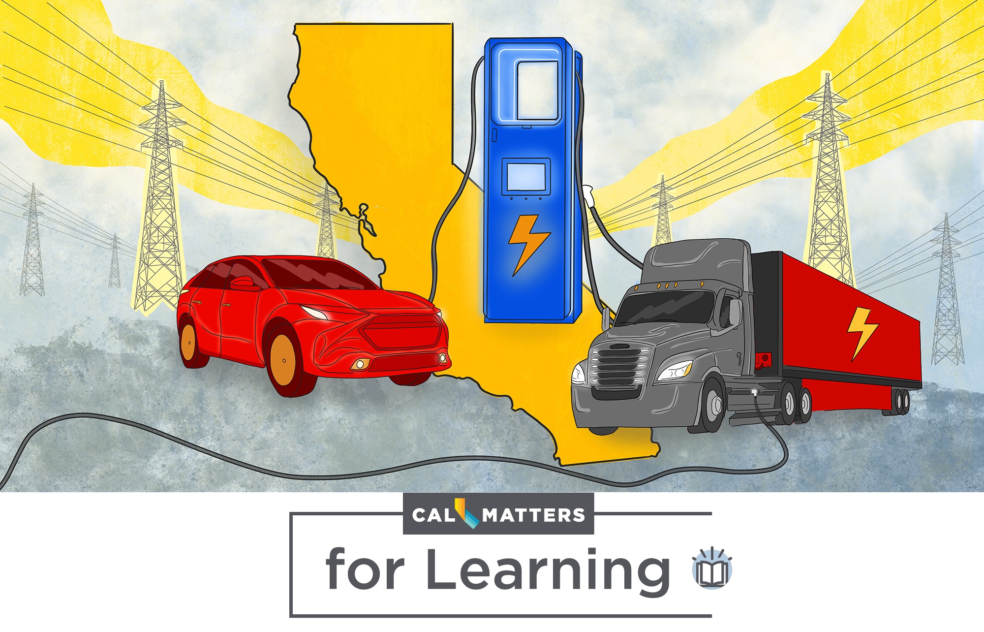 two electric vehicles charging, cal matters for learning logo at bottom