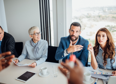 multigenerational group of individuals sitting and discussing at a conference table.