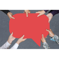 4 pairs of hands holding a speech bubble