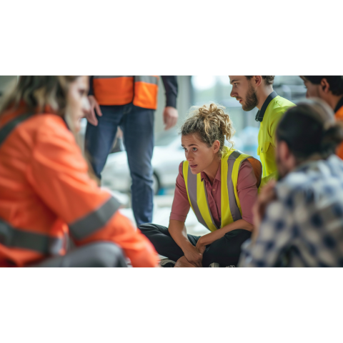 woman in high visibility work vest crouches in front of others at a disaster site