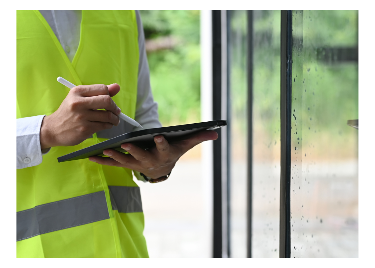 person wearing safety vest holding clipboard and pen