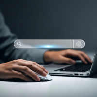 Person using a computer mouse and laptop with a search bar graphic overlaid.